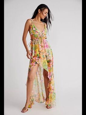 For Love & Lemons Yellow Floral High-Low Maxi Dress with Spaghetti Straps
